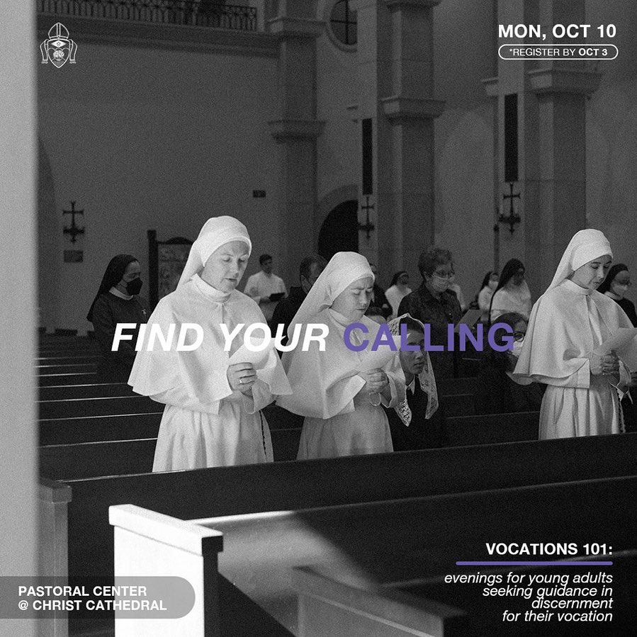 Calling all Young Adults (18-35) discerning their vocation 👇
Join us for @ocvocations 6-week Vocations 101 series starting Monday, October 10. Vocations 101 is a small-group based series where each week, our Vocations team will guide you with resources and discussion to give you tools to best discern God’s purpose for your life.
First meeting: Monday, Oct. 10, 2022 at the Pastoral Center at Christ Cathedral from 6PM to 8:30PM.
This series is free, but registration is required by Oct. 3rd. Link in our Bio.